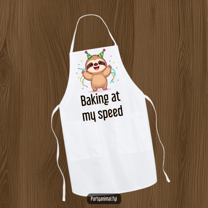 Funny happy sloth wearing party streamers, slow-motion shimmying on an apron, making kitchen tasks fun and relaxed, a perfect funny gift.