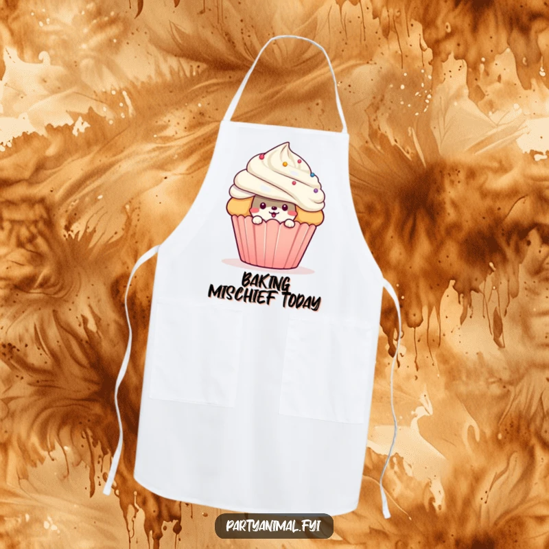 Funny mischievous animal character peeking from behind a giant cupcake on a kitchen apron, combining practicality with sweet, playful style.