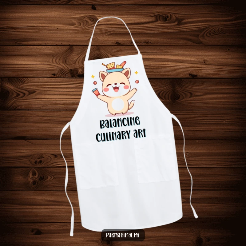 Funny animal character triumphantly balancing a variety of snacks on its head, depicted on an apron for a humorous cooking session.