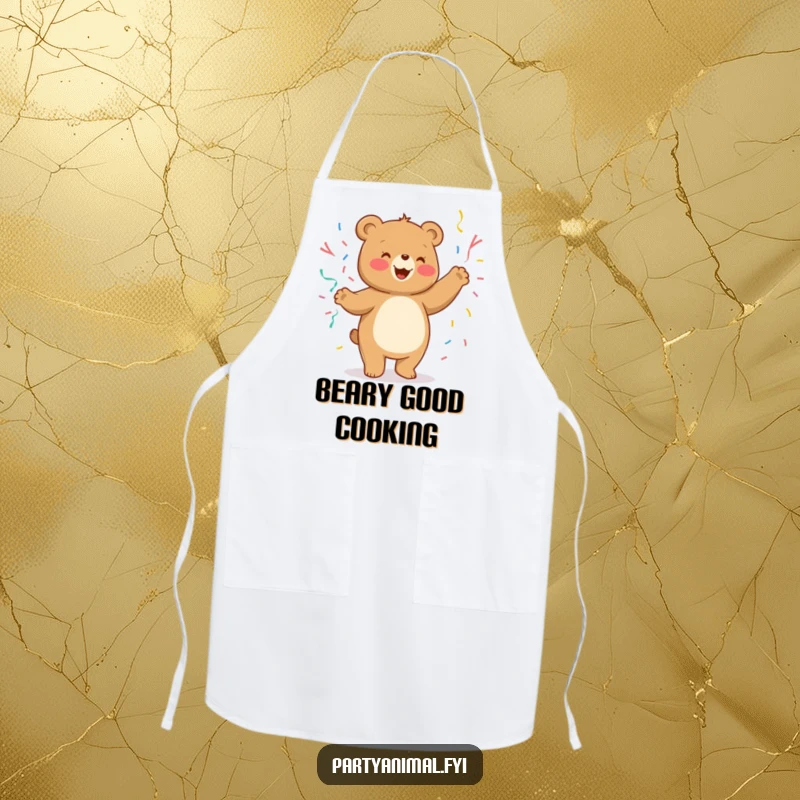 Funny Apron showing a cheerful bear character dancing silly with streamers, perfect for kitchen fun.