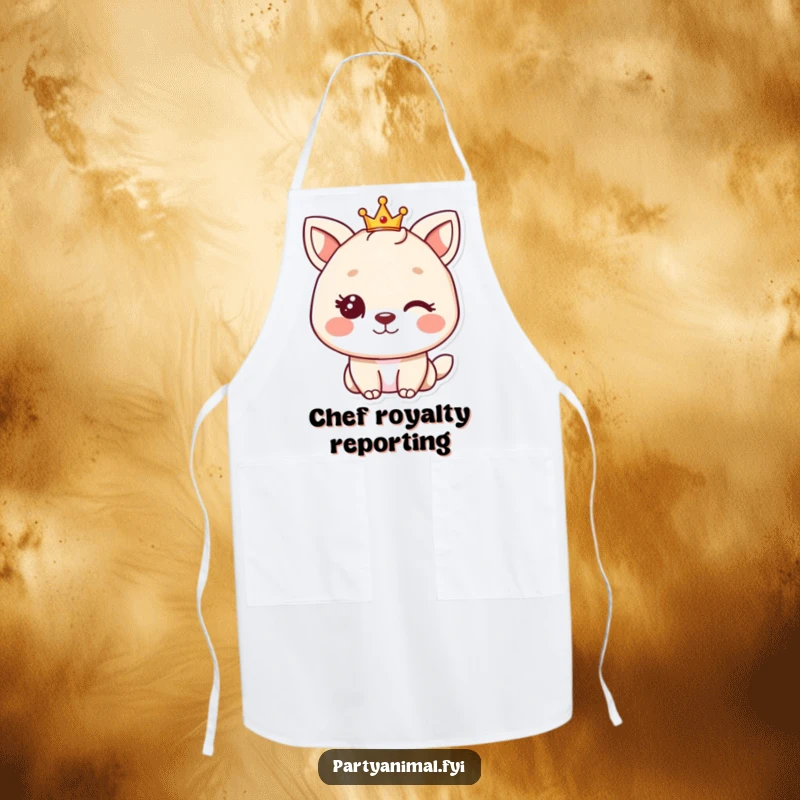 Funny animal character winking and wearing a tiny crown, depicted on an apron for a touch of humorous culinary command.