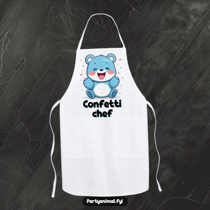 Funny blue bear character gleefully launching confetti, designed for fun and festive cooking or party events.
