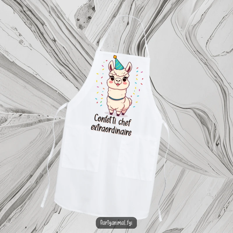 Funny llama apron featuring a cheerful llama in a party hat, juggling colorful confetti, perfect for kitchen fun.