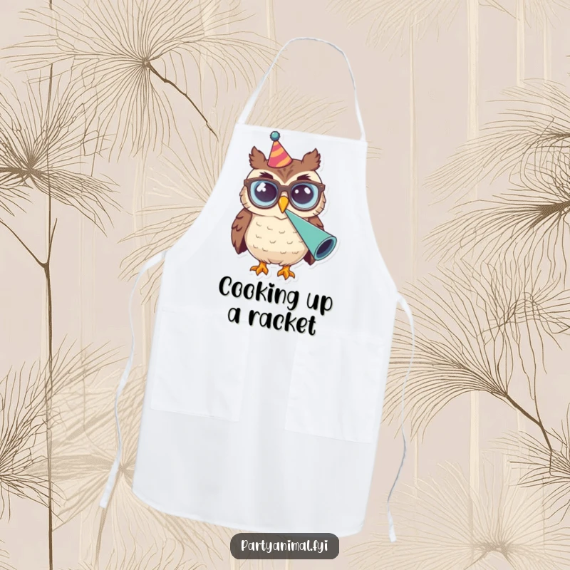 Funny Owl Glasses Party Horn Apron: A smiling owl in large glasses blows a party horn, bringing a festive and humorous vibe to kitchen activities.