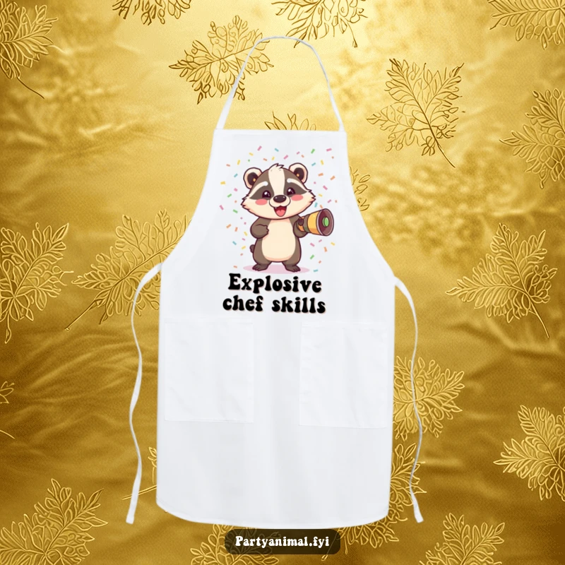 Funny Badger Apron: A delighted badger erupts from a confetti cannon, adding a playful and celebratory element to your cooking adventures.