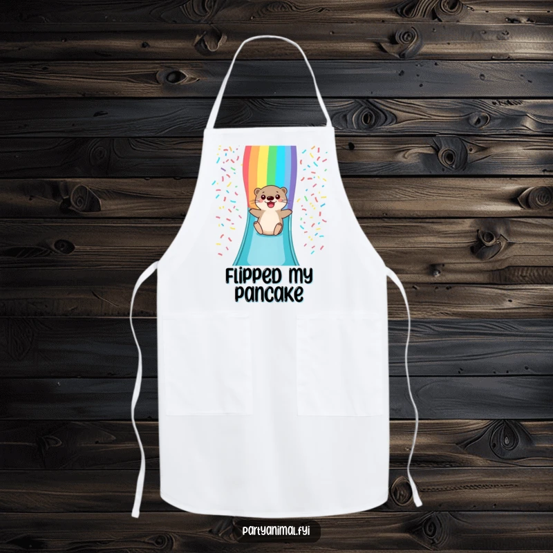 Funny apron featuring a happy otter character sliding down a bright rainbow confetti slide, perfect for joyful cooking and kitchen fun.