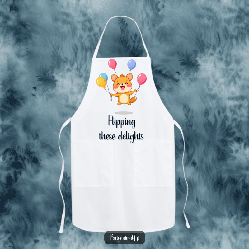 Funny Apron: A cute animal character juggles colorful balloons with a huge, happy smile, perfect for kitchen fun.