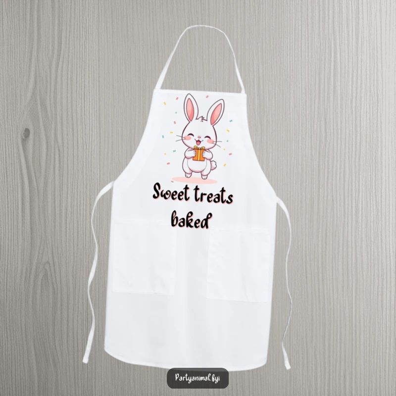 Funny Apron showing a happy, bouncing bunny with confetti, holding a tiny gift, perfect for baking.
