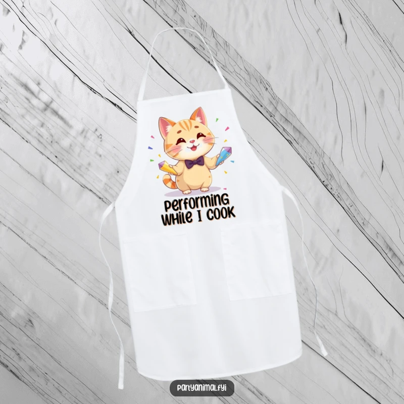 Funny apron adorned with a smiling cat in a bow tie, juggling three colorful confetti cones, ready for kitchen fun and messes.