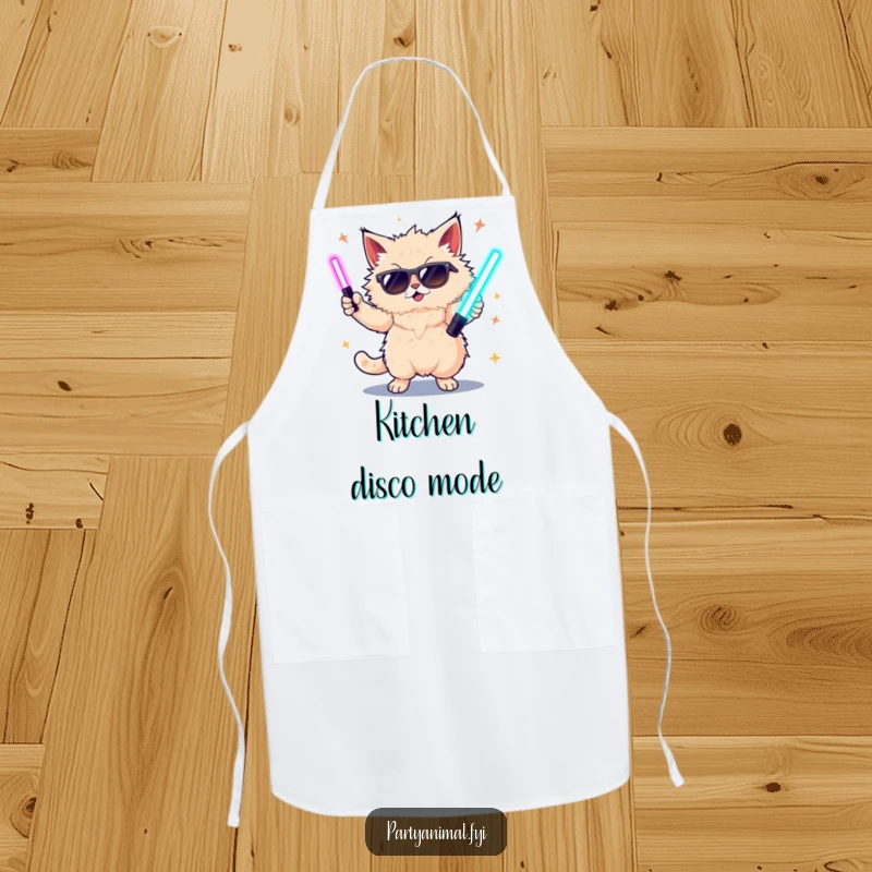 Funny chef apron showing a cat in sunglasses dancing with glow sticks, ready for a kitchen dance party.