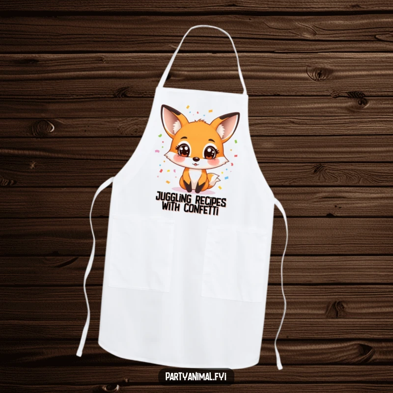 Funny apron showing a determined, wide-eyed fox character juggling colorful confetti, ready to add fun to any kitchen task.