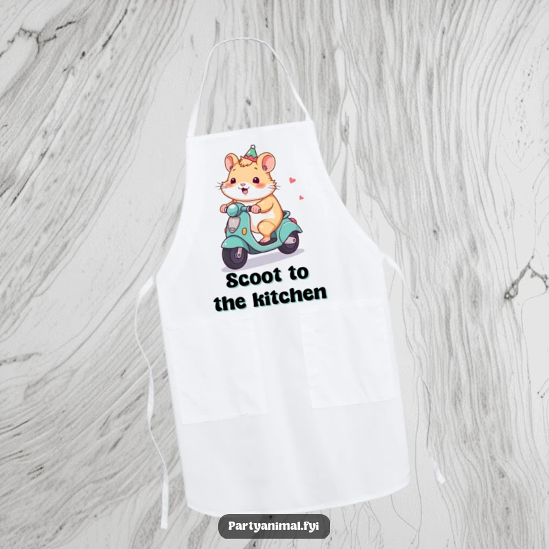 Funny Hamster Apron: A smiling hamster rides a decorated party scooter, making kitchen tasks a fun and humorous adventure.