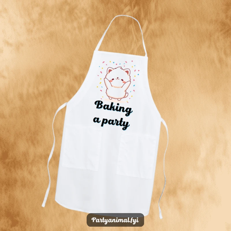 Funny fluffy animal character joyfully throwing confetti on a kitchen apron, combining practicality with festive, cheerful vibes.