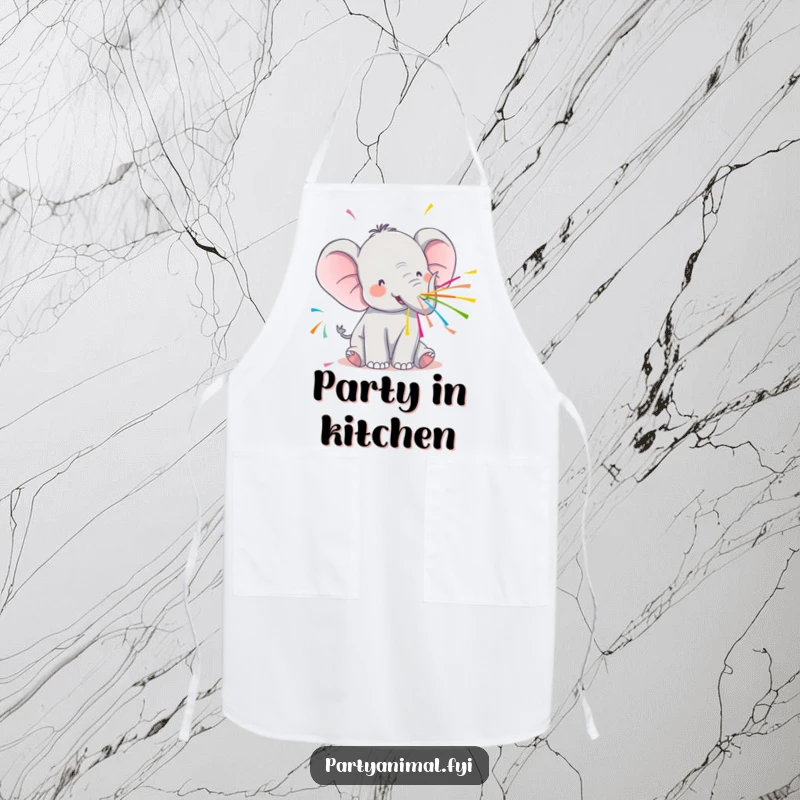 Funny Kawaii Elephant Apron: Cute elephant spraying colorful streamers, adding festive humor to kitchen tasks.
