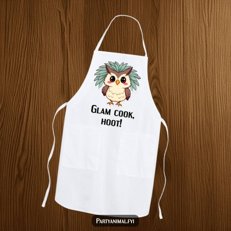 Funny apron featuring a silly owl in a glamorous feathered boa, striking a pose, perfect for adding flair to kitchen duties.