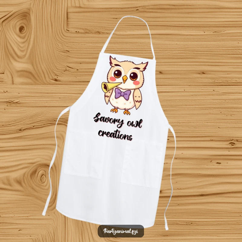 Funny Apron showing a happy owl wearing a bow tie, blowing a party horn, perfect for cooking fun.