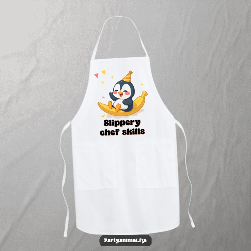 Funny giggling penguin character sliding on a banana peel at a party on a practical and humorous kitchen apron.