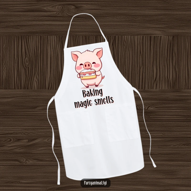 Funny pig apron, a blushing character balancing a slice of cake on its snout, perfect for bakers who enjoy a sweet laugh.