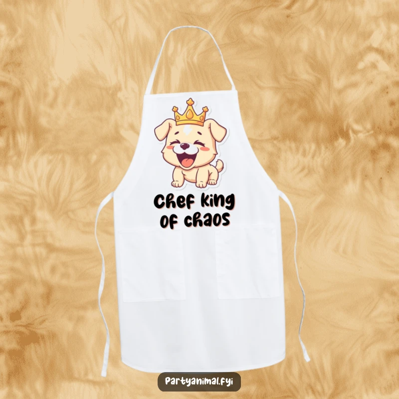 Funny apron featuring a playful puppy wearing a crown, roaring with laughter, perfect for the king or queen of the kitchen.