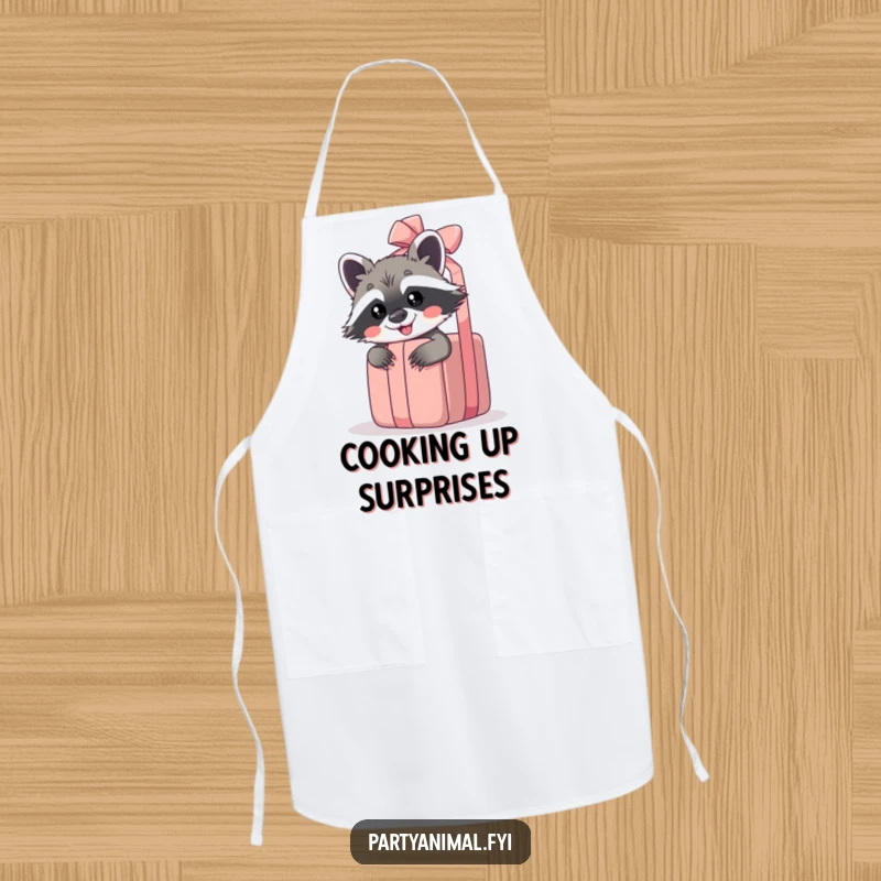 Funny raccoon apron with a giggling raccoon peeking from behind a giant unwrapped gift, ideal for kitchen fun.