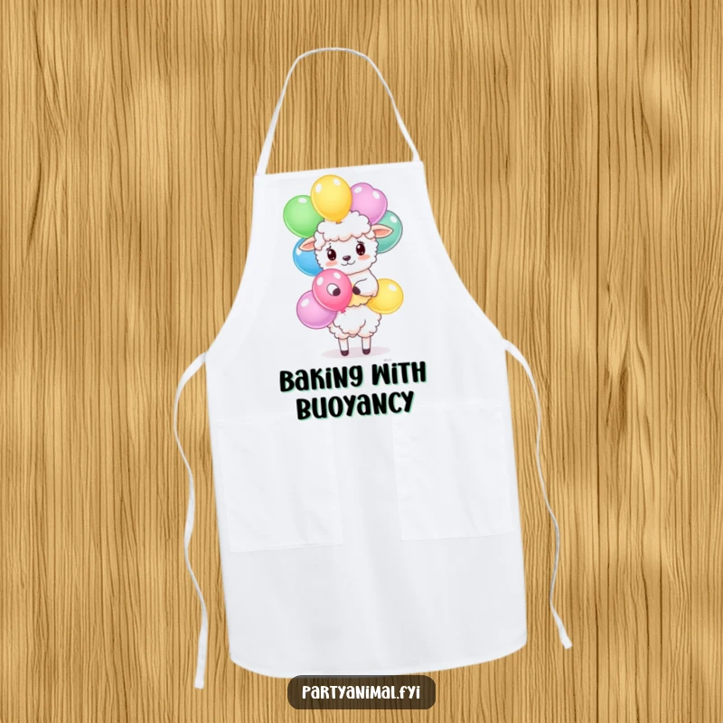 Funny sheep apron with a fluffy character balancing a stack of bright balloons, ideal for kitchen fun.