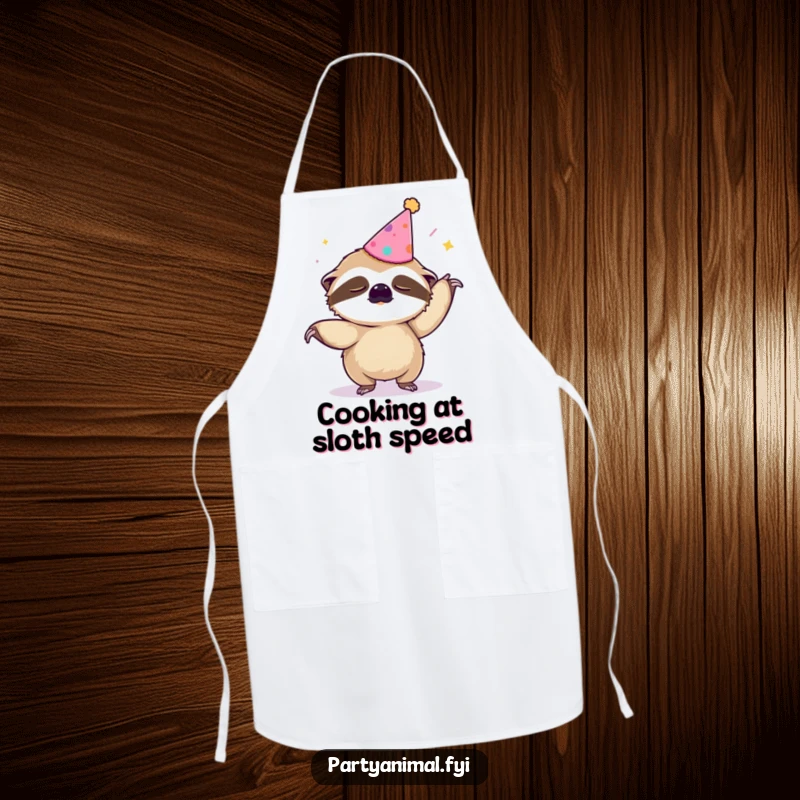 Funny apron depicting a sloth in a party hat attempting the Macarena while cooking, perfect for a playful kitchen.