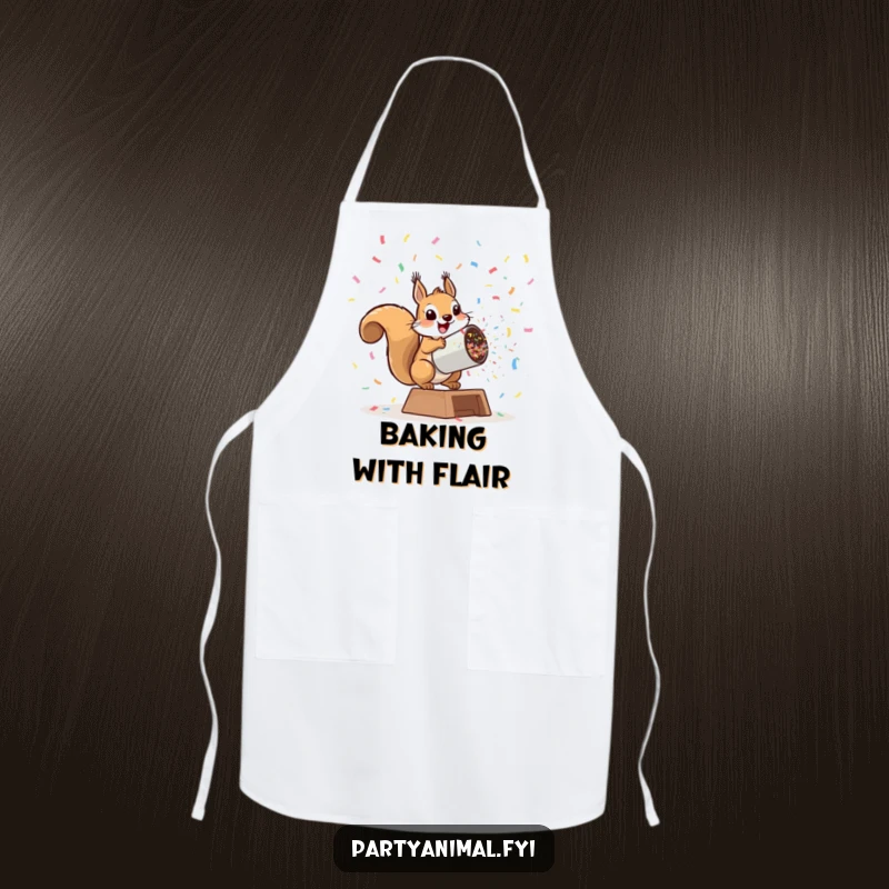 Funny playful squirrel launching from a giant confetti cannon on an apron, making kitchen tasks fun and explosive, a perfect funny gift.