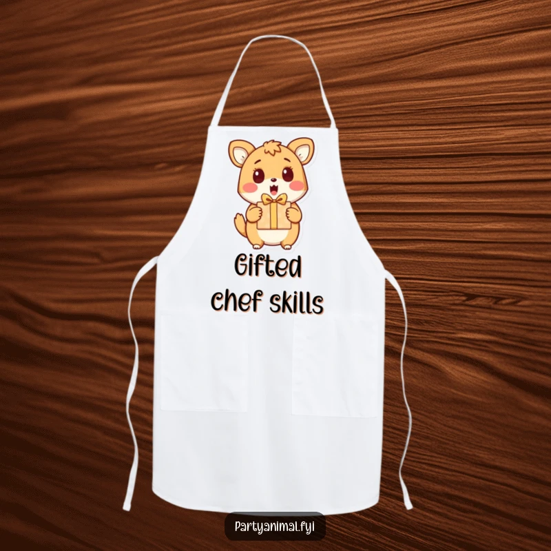Funny apron depicting a surprised animal character happily receiving a gift, perfect for adding humor to cooking.