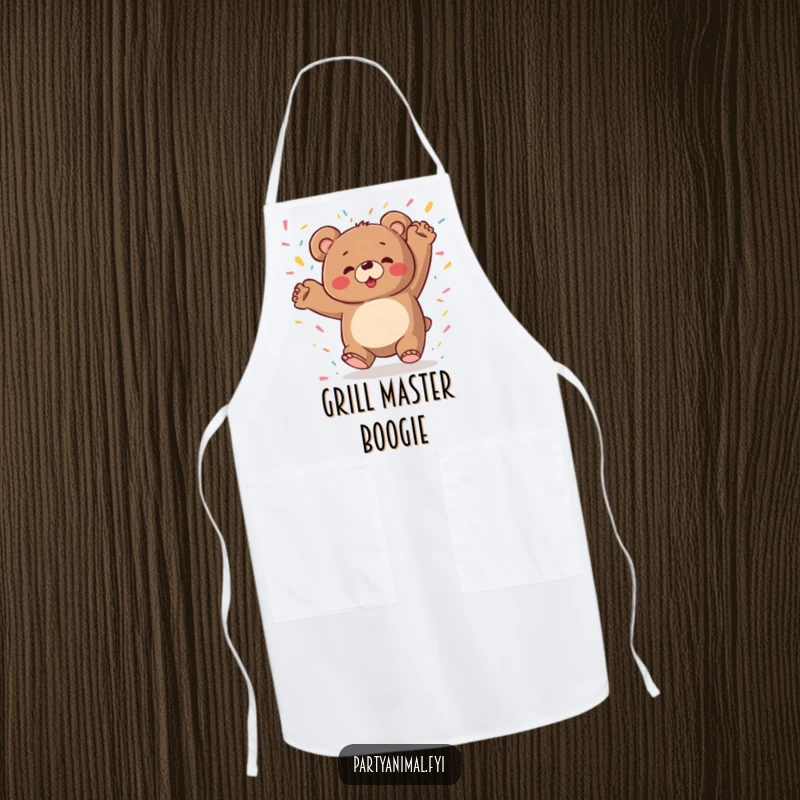 Chubby bear character dancing wildly with confetti raining down, while wearing a fun and functional kitchen apron.