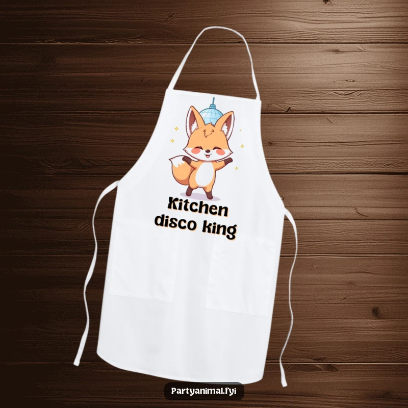 Funny apron with a giggling fox character dancing under a disco mirror ball, perfect for adding humor to cooking.