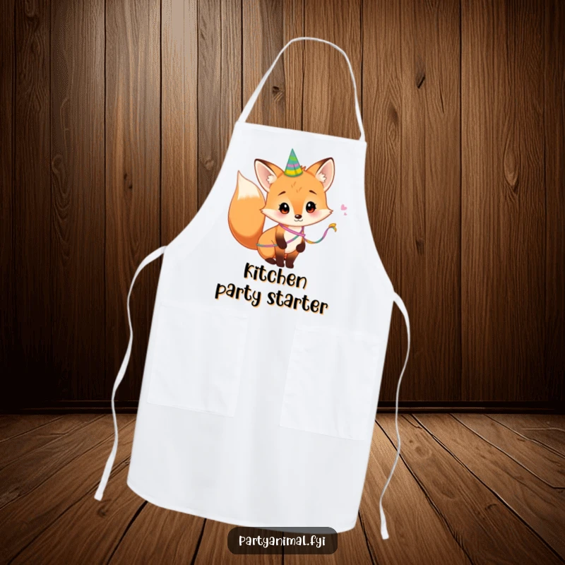 Funny Apron depicting a curious fox with a party streamer on its tail, designed for kitchen use with a humorous and charming woodland theme.