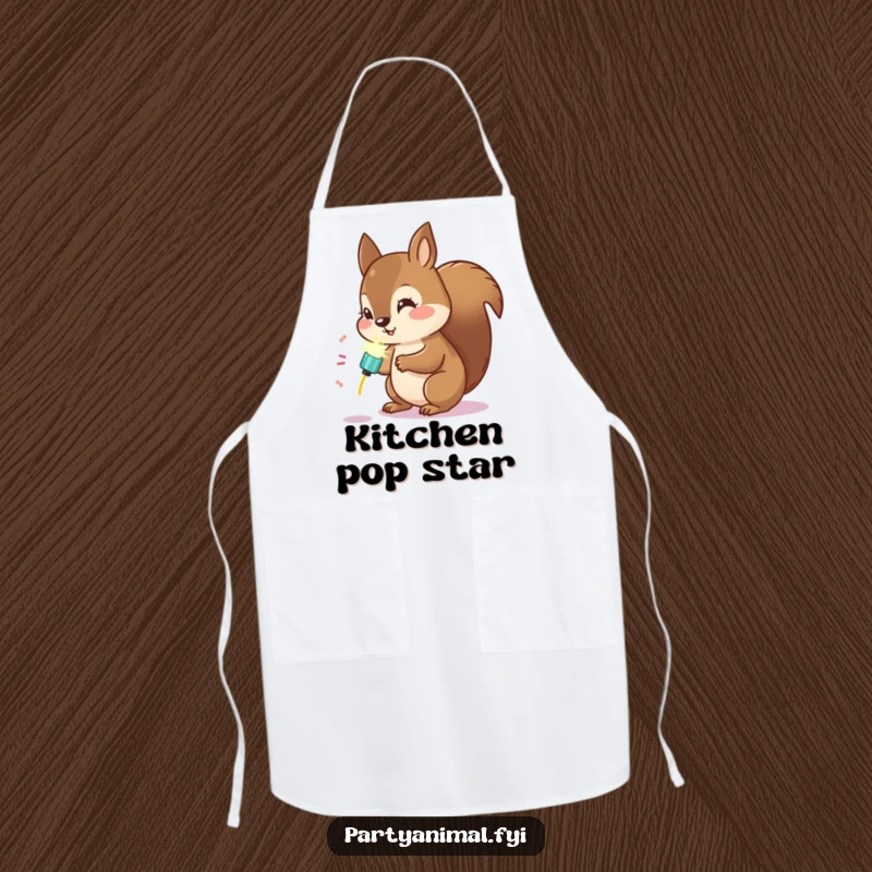 Funny Kawaii Squirrel Apron: Cute squirrel examining a glowing party popper, adding curious humor to kitchen tasks.