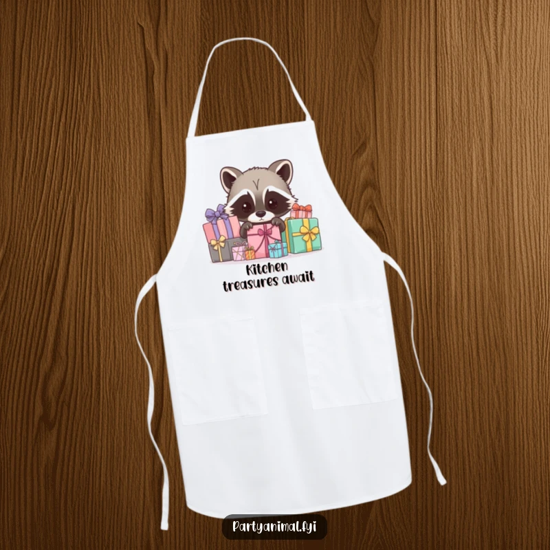 Funny raccoon apron, a curious character peeking out from behind wrapped gifts, perfect for chefs who enjoy a bit of playful mischief.