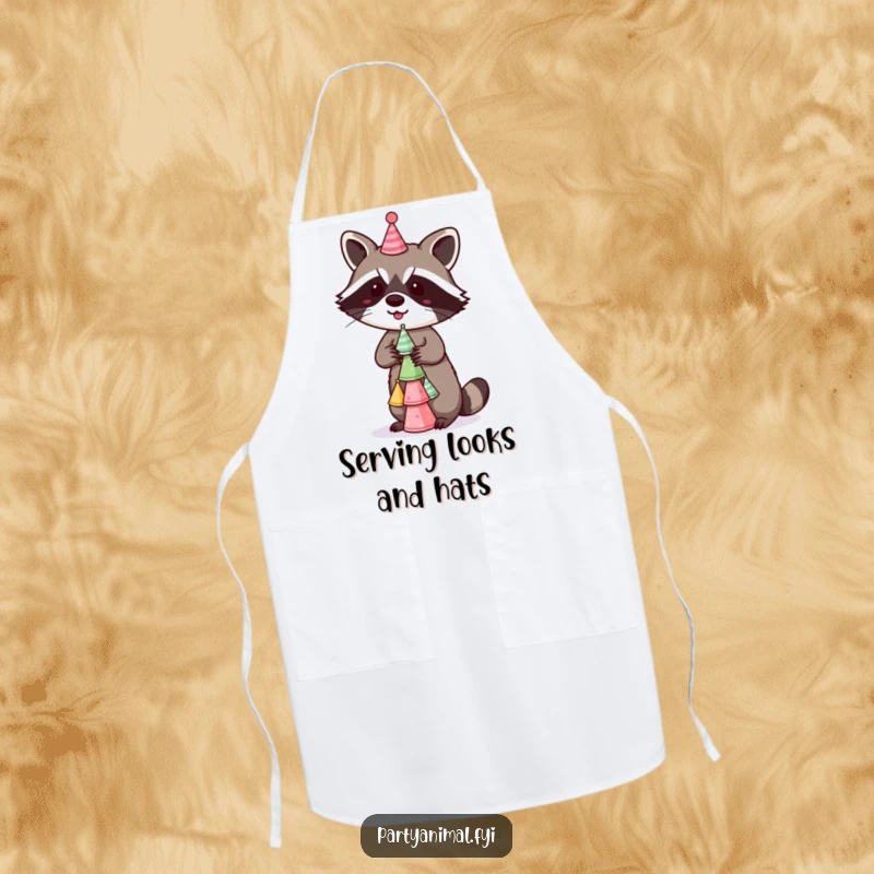 Funny Apron depicting a mischievous raccoon balancing a stack of tiny party hats, designed for kitchen use with a humorous and charming bandit theme.