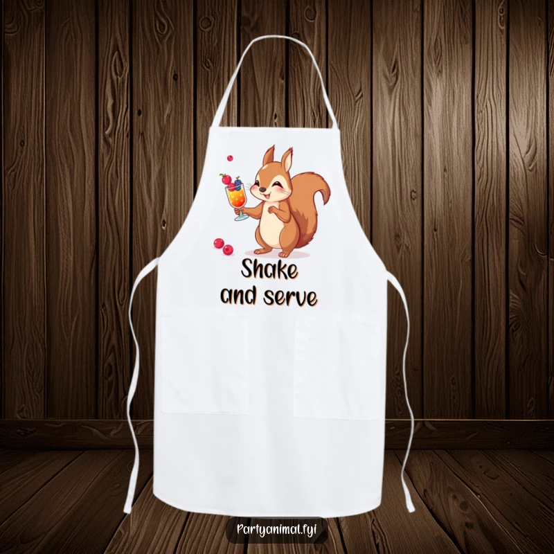 Funny apron depicting a squirrel expertly juggling miniature berry cocktails, ideal for kitchen creativity and fun.