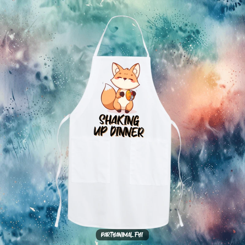 Funny Fox Tambourine Apron: A happy fox enthusiastically plays a tiny tambourine while cooking, adding a vibrant and humorous flair to kitchen activities.