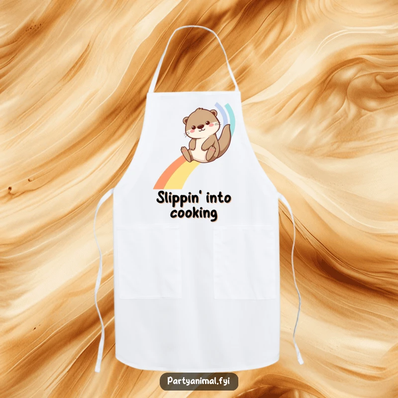Funny Otter Apron: A playful otter slides down a vibrant streamer rainbow, making kitchen tasks hilariously enjoyable.