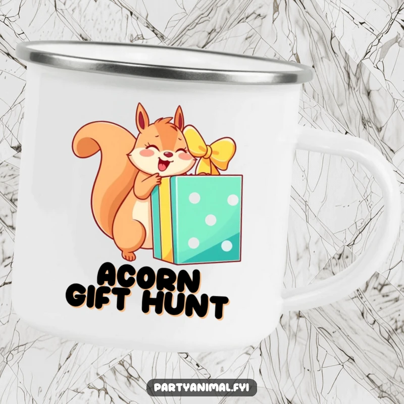 Funny camping mug with an energetic squirrel character unwrapping a giant, colorful gift box, perfect for excited outdoor enjoyment.
