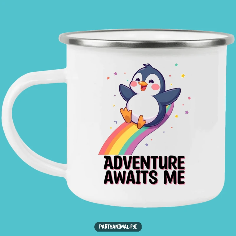 Funny Penguin Camping Mug: Gleeful Rainbow Slide Outdoor Gift