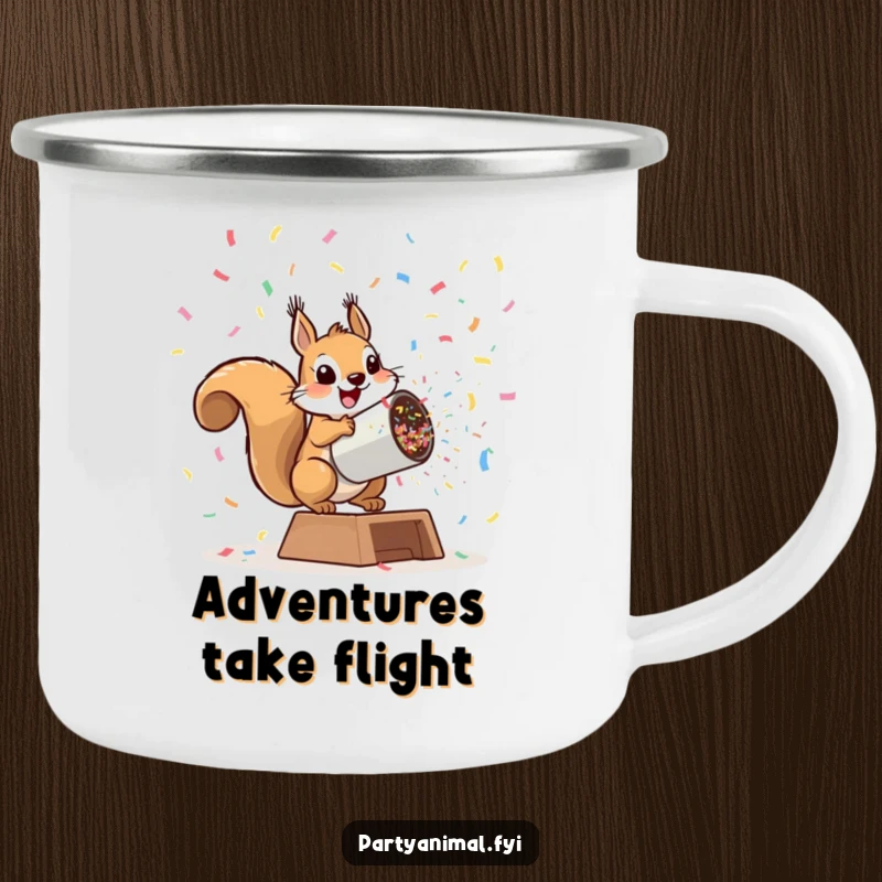 Funny playful squirrel launching from a giant confetti cannon on a camping mug, ideal for outdoor adventures and adding explosive humor, a funny gift.