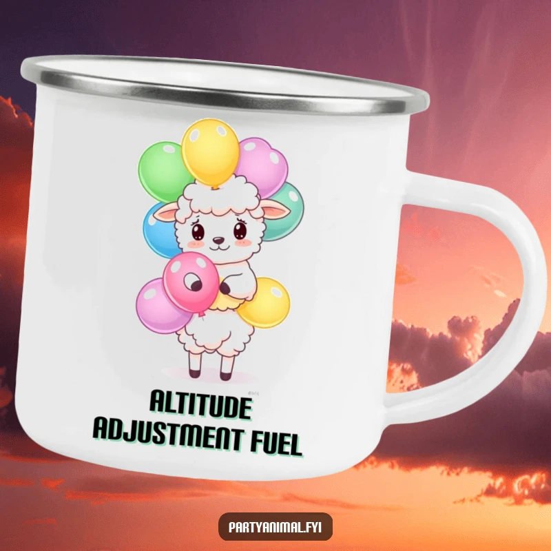 Funny sheep camping mug with a fluffy character balancing a stack of bright balloons, perfect for outdoor enjoyment.