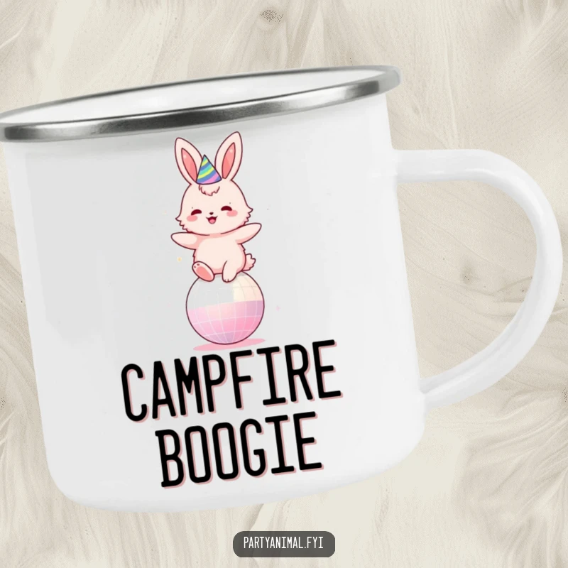 Funny camping mug featuring a fluffy pink bunny in a party hat, joyfully bouncing on a disco ball.