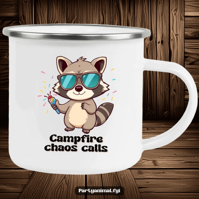 Funny camping mug with a raccoon in sunglasses holding a confetti popper, ready for outdoor celebrations.