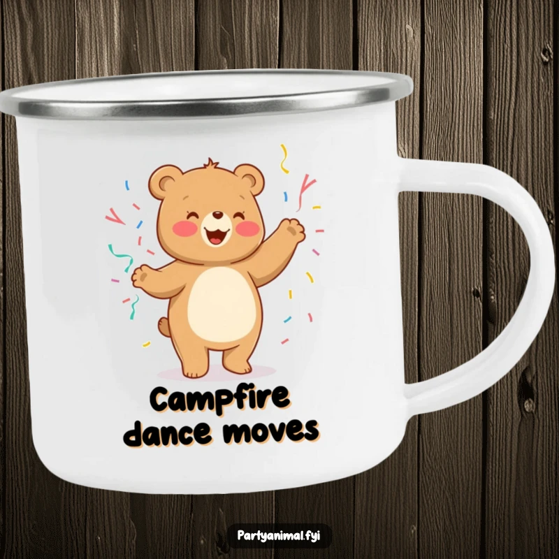 Funny Camping Mug depicting a cheerful bear character dancing silly with streamers.