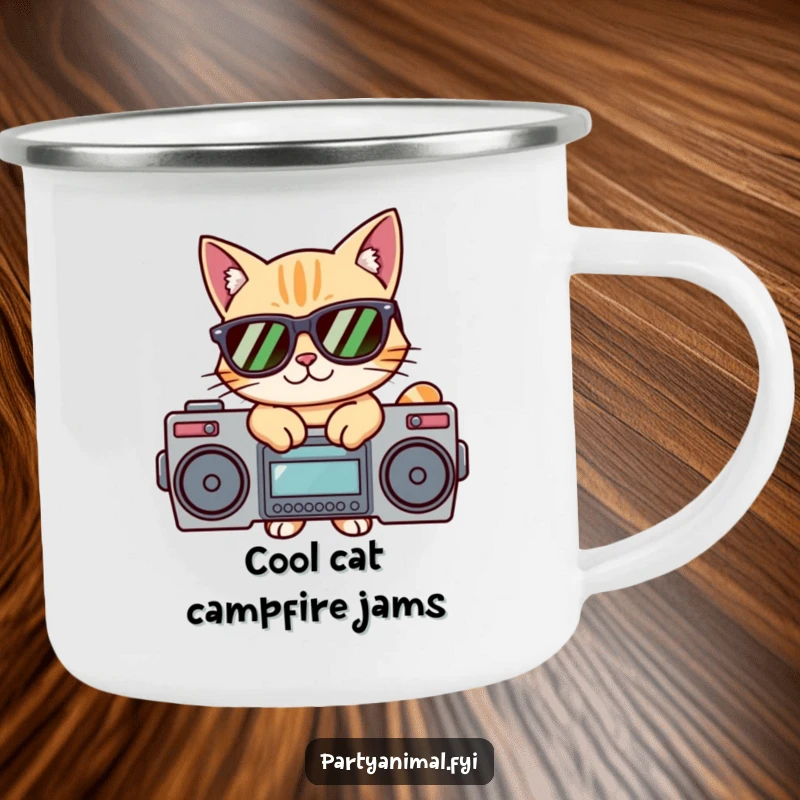 Funny camping mug displaying a cat wearing sunglasses, posing on a boombox, perfect for adding cool vibes to any outdoor adventure.