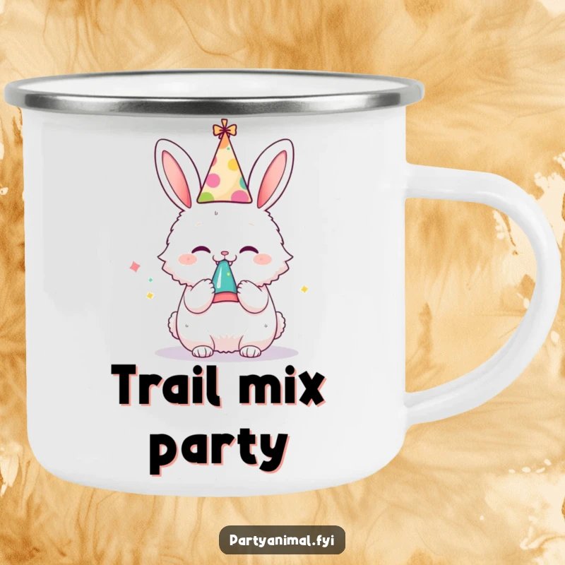 Funny camping mug with a fluffy bunny in a party hat, joyfully blowing a noisemaker, perfect for festive outdoor enjoyment.