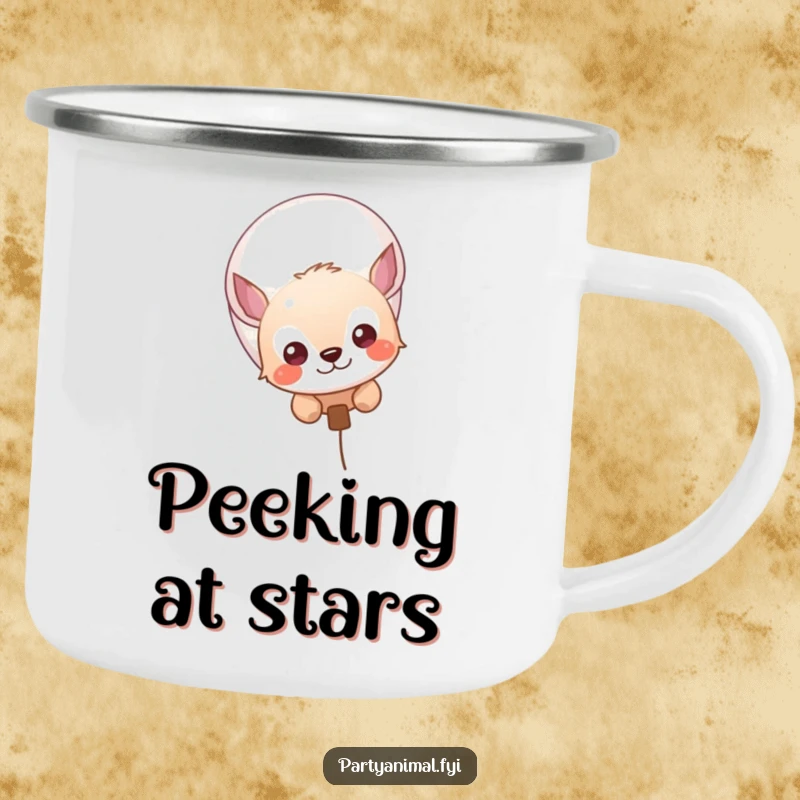 Funny camping mug showing a curious animal character peeking from behind a colorful balloon, ready for adventure.