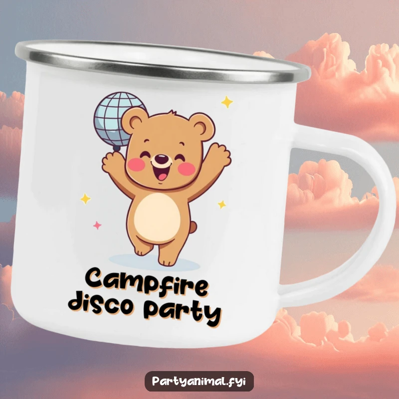 Funny camping mug displaying a joyful bear character dancing with a sparkling disco ball, perfect for adding cheer to any outdoor adventure.