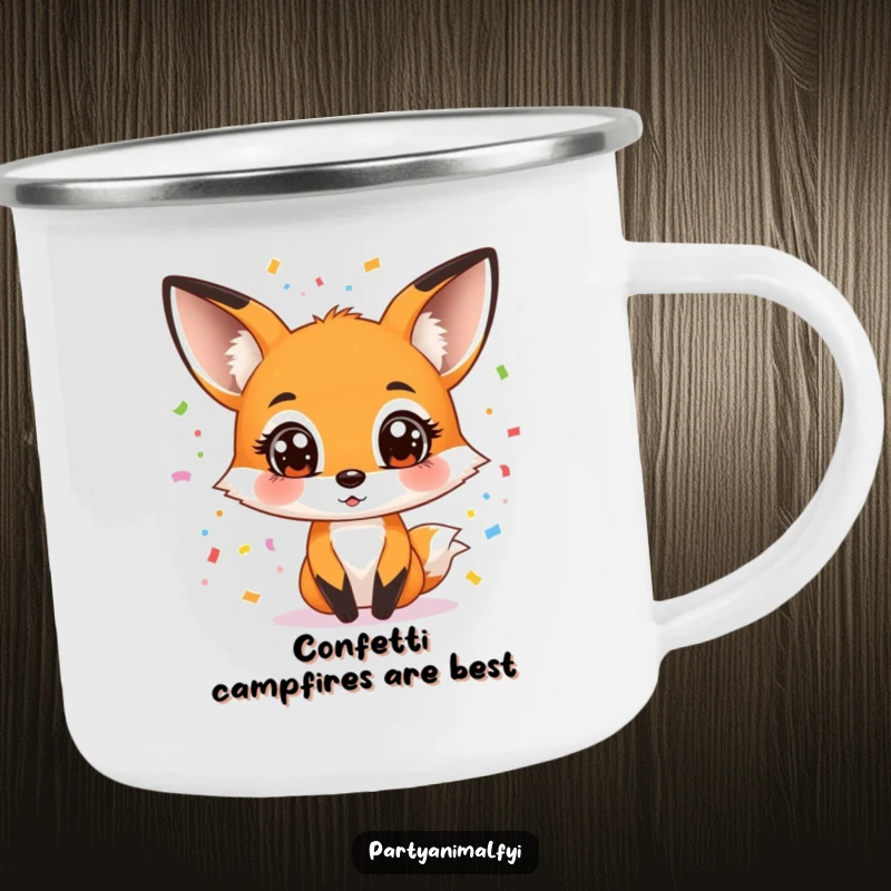 Funny camping mug displaying a wide-eyed fox character juggling colorful confetti, perfect for adding cheer to any outdoor excursion.