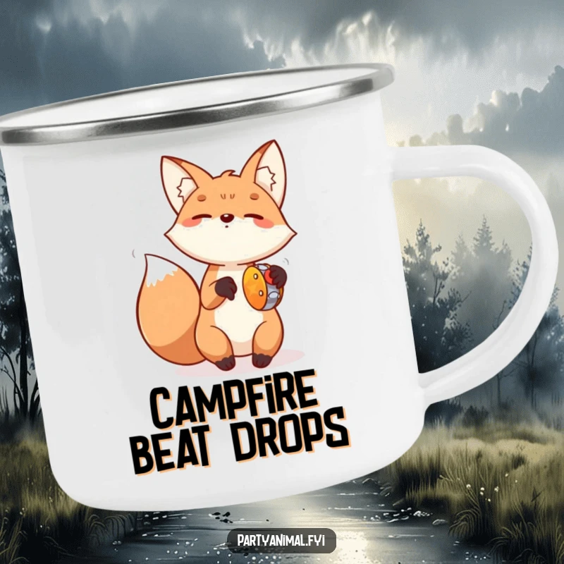 Funny Fox Tambourine Camping Mug: A cheerful fox plays a tiny tambourine with energetic paw movements, perfect for outdoor enjoyment and music lovers.